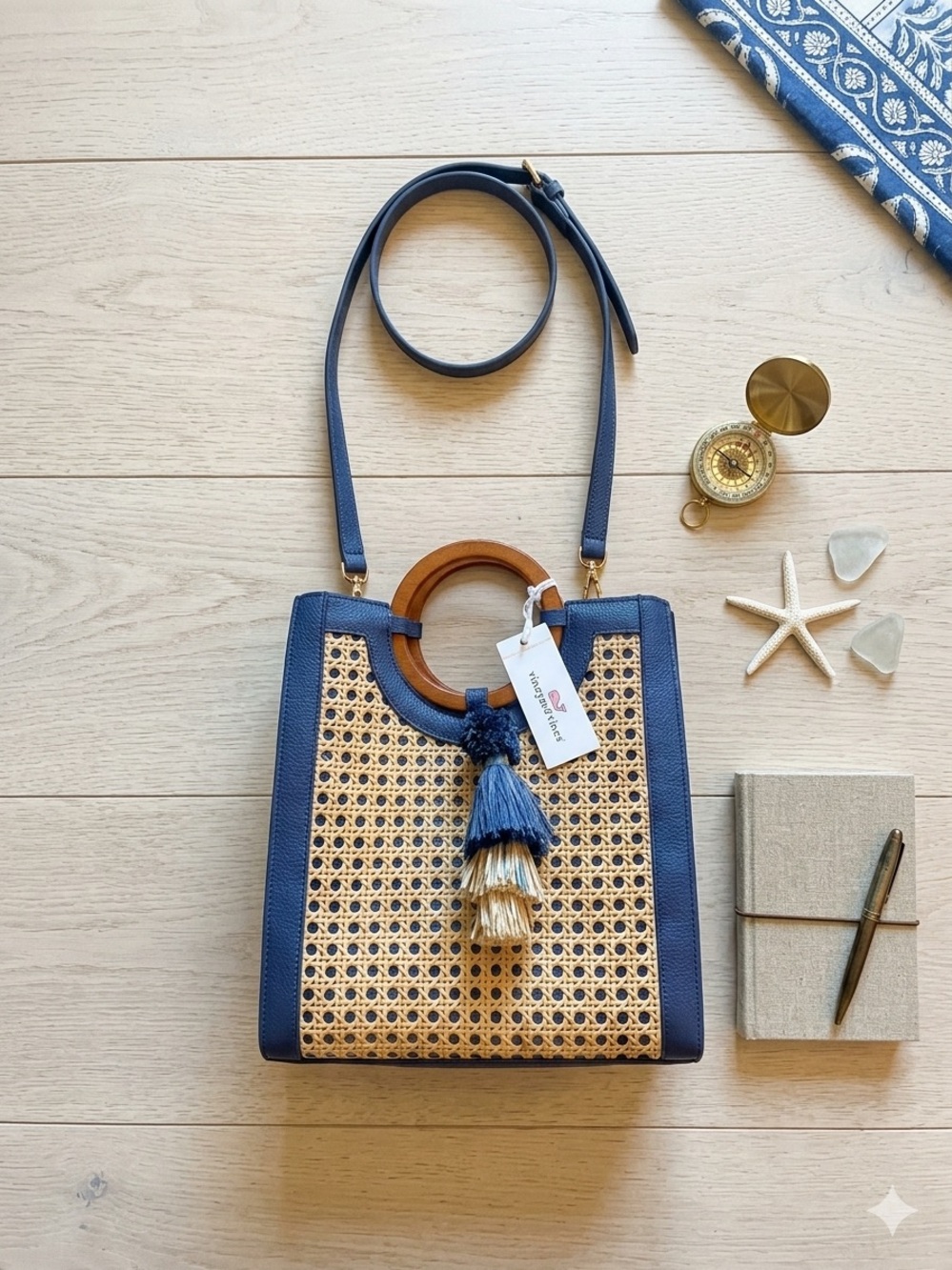 Vineyard Vines natural rattan cane-weave with navy blue leather trim tote bag